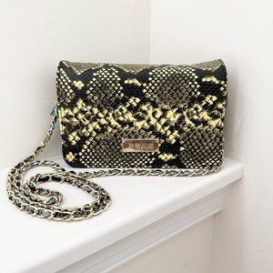 NWOT Bebe Annie Flap Snakeskin Crossbody Bag Black Yellow